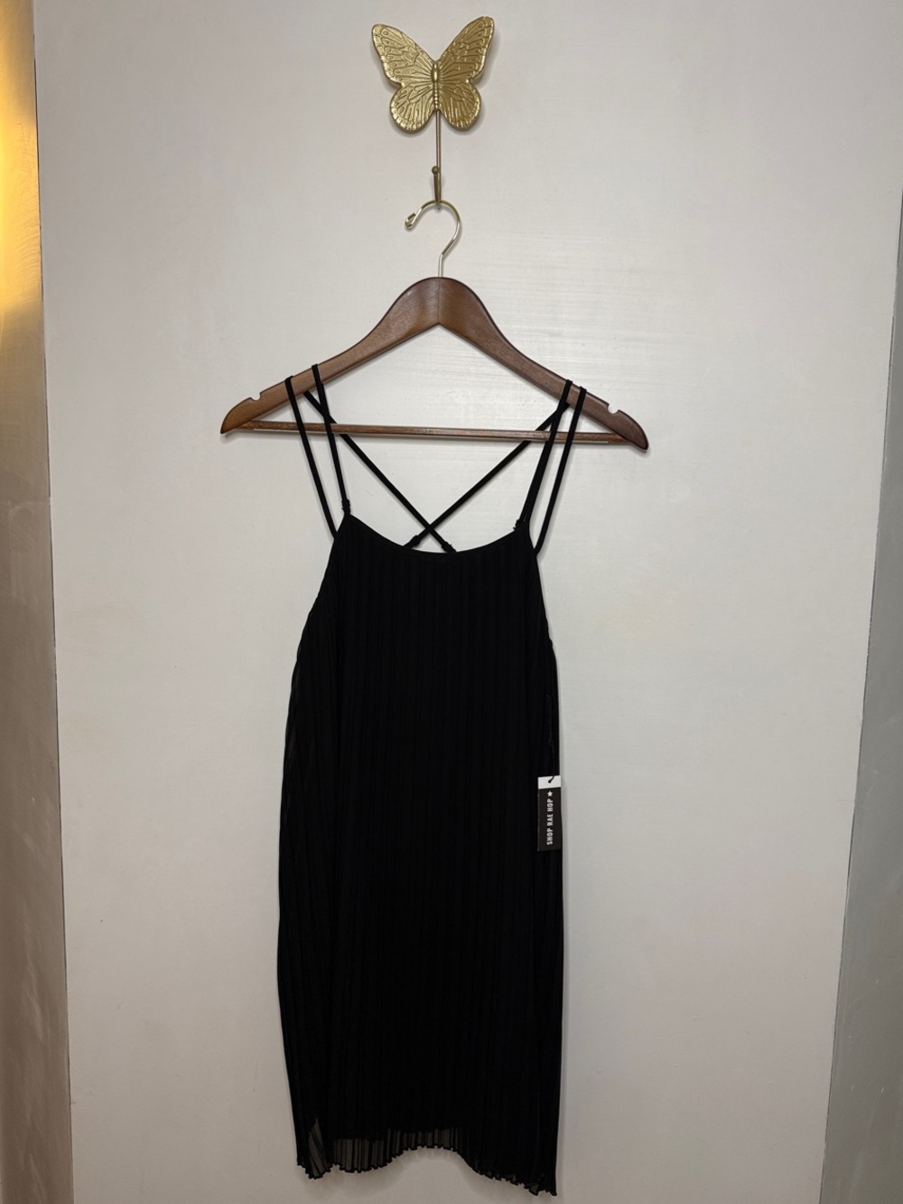 BCBGeneration Black Pleated Mini Dress with Crisscross Straps